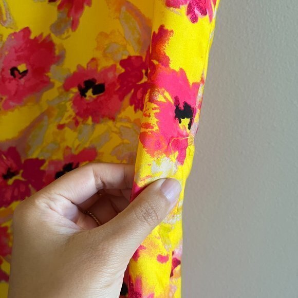 LOFT SILKY SZ 6 BRIGHT PINK YELLOW FLORAL SHEATH DRESS SUNDRESS~WAIST TIE~LINED - Picture 8 of 9